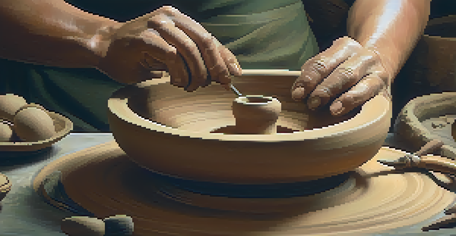Close-up of hands creating pottery on a wheel with clay and tools around, showcasing craftsmanship.