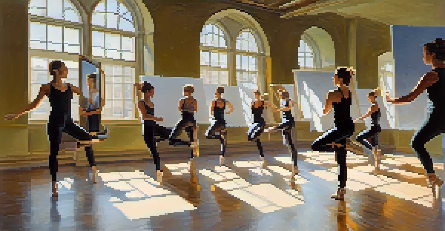 A choreographer in a well-lit studio, sketching a dance routine with dancers practicing in the background.