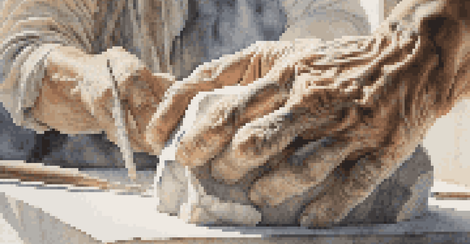 A sculptor's hands carving marble, with detailed textures and sunlight illuminating a workshop filled with tools.