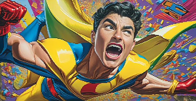 A colorful comic book scene featuring a character humorously slipping on a banana peel with exaggerated expressions.