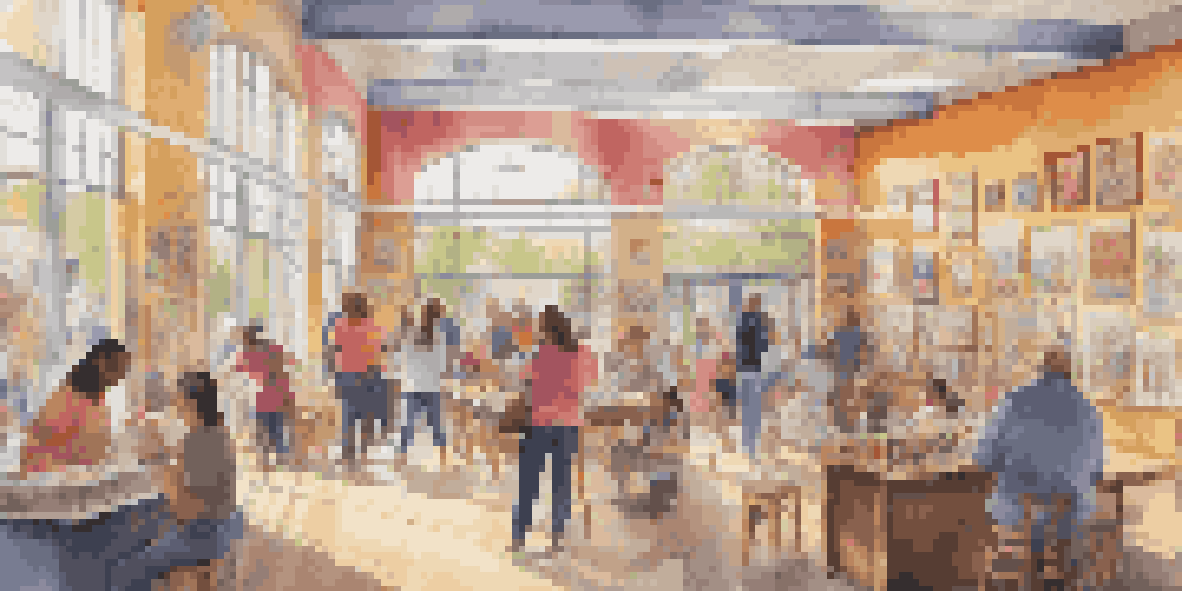 A lively community art center with people of different backgrounds engaged in art projects, colorful murals, and bright sunlight streaming through the windows.