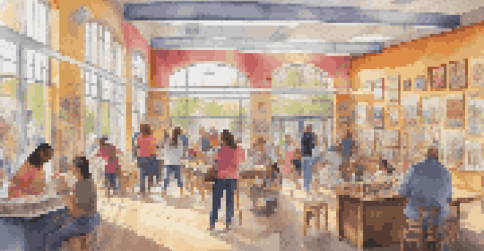 A lively community art center with people of different backgrounds engaged in art projects, colorful murals, and bright sunlight streaming through the windows.