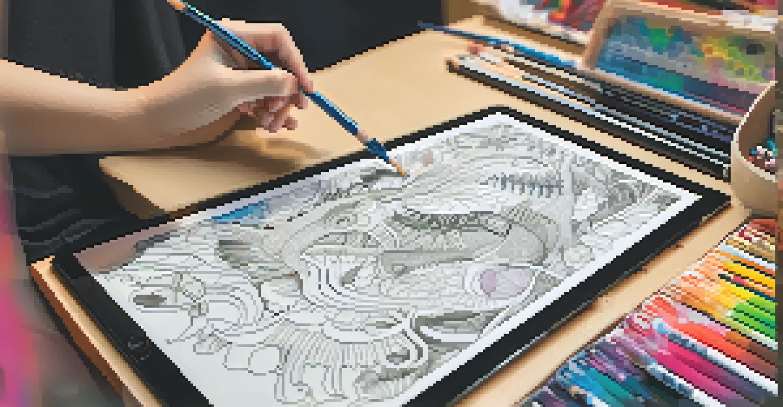 A student coloring an AR-enabled page, watching as vibrant animations emerge on the tablet screen, enhancing the coloring experience.