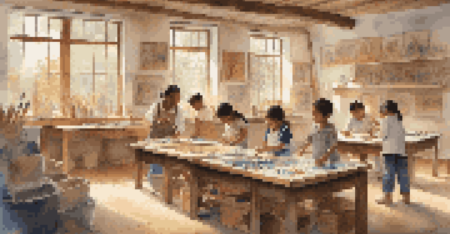 Children engaged in a craft workshop with a local artist, surrounded by art supplies and colorful artworks in a well-lit room.