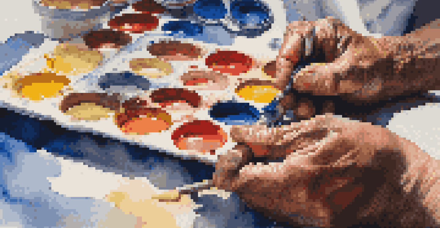 A close-up of a painter's hands mixing vibrant colors on a palette with a paintbrush.