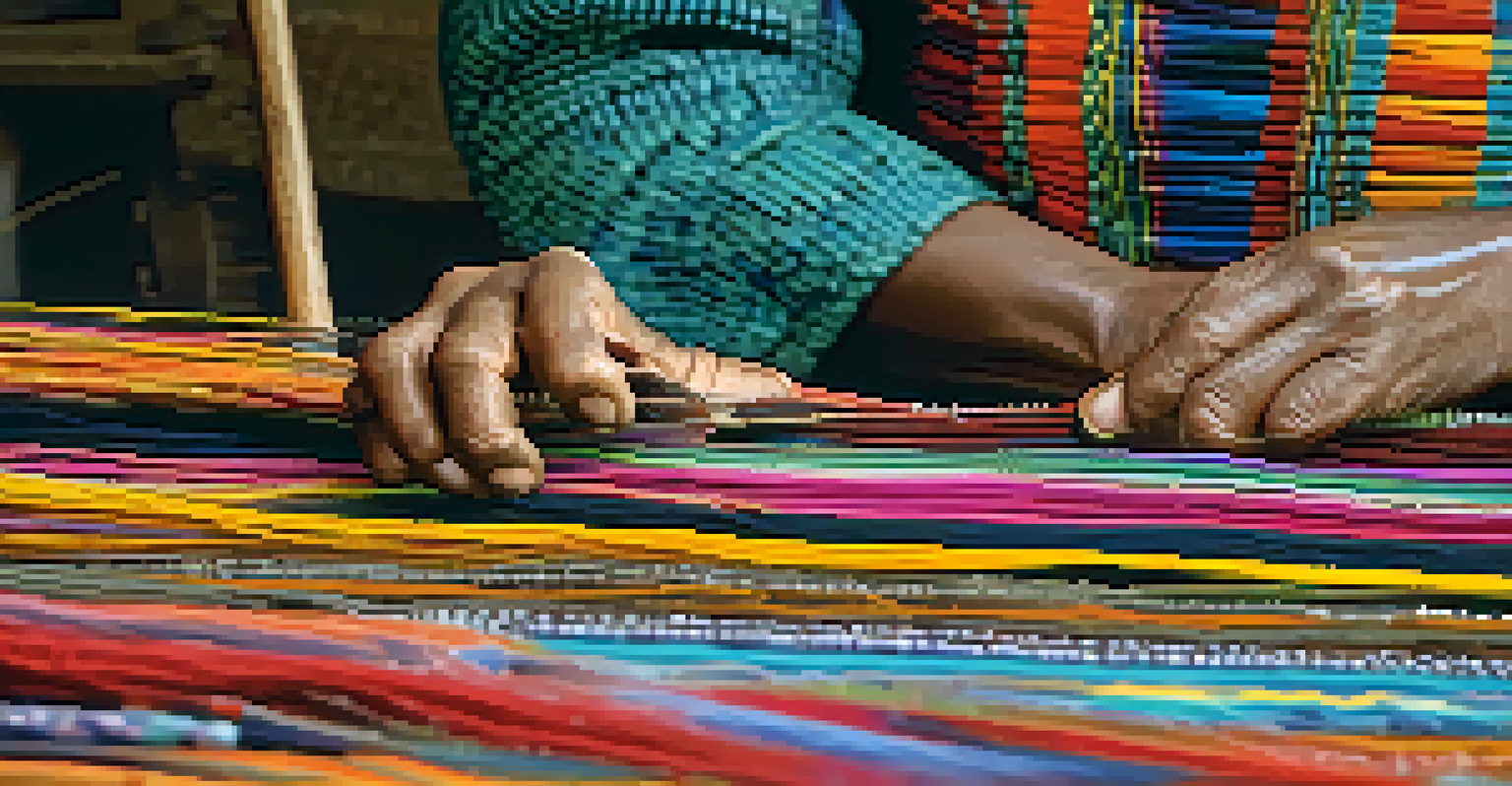 A close-up of an artisan's hands weaving colorful threads into a traditional textile, emphasizing the intricate craftsmanship.