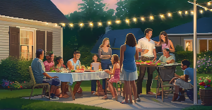 A diverse group of families enjoying a barbecue in a suburban backyard during a warm summer evening, with a sunset glow and fairy lights.