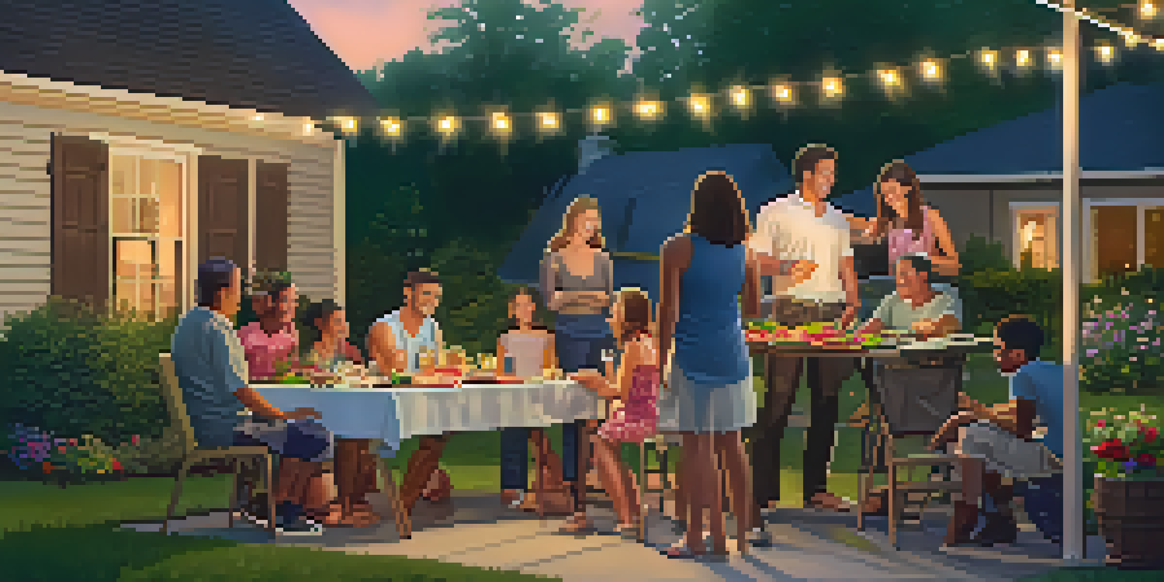 A diverse group of families enjoying a barbecue in a suburban backyard during a warm summer evening, with a sunset glow and fairy lights.
