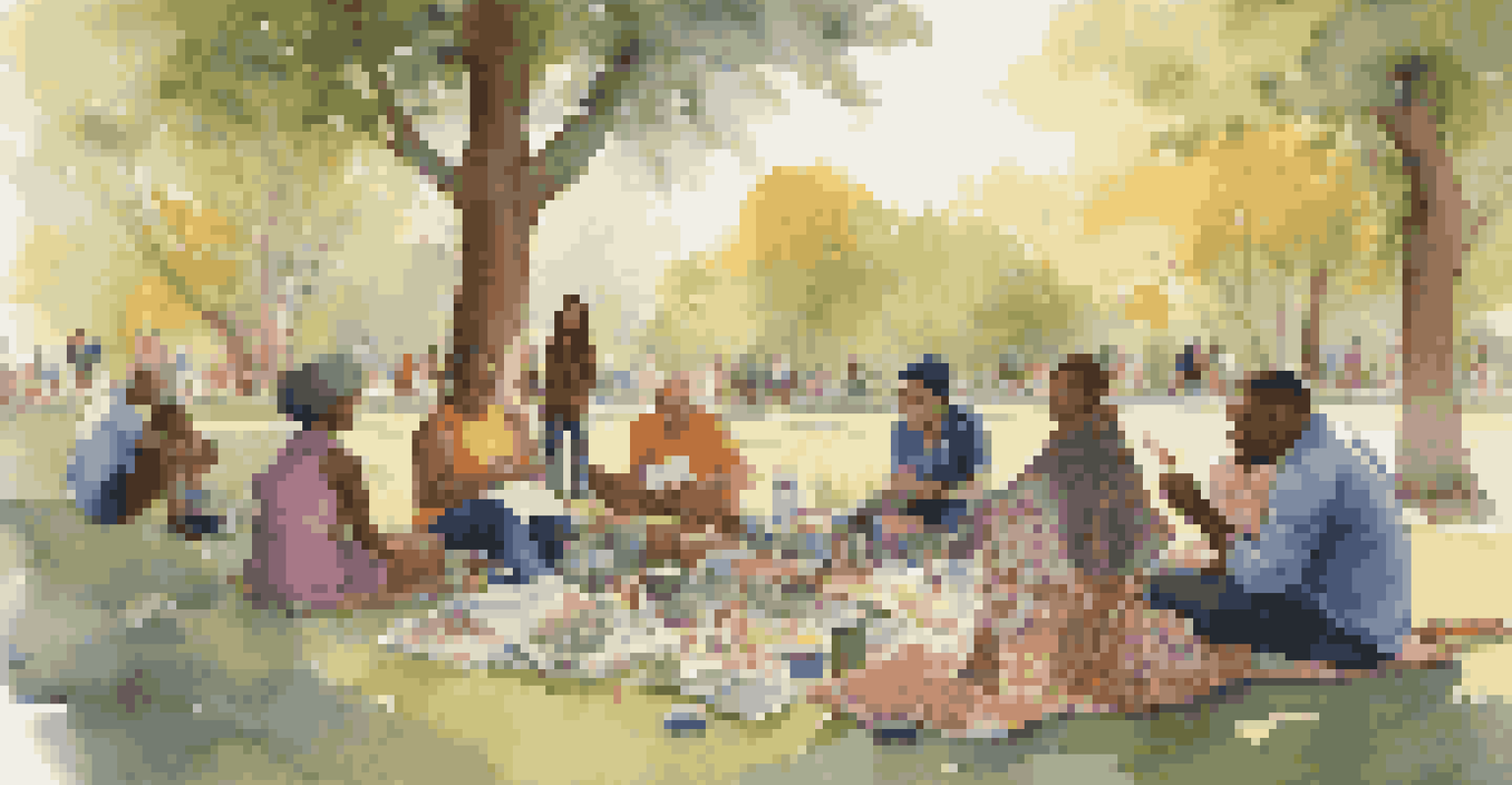A diverse group of people gathered in a park, sharing stories and art, surrounded by nature and vibrant colors.