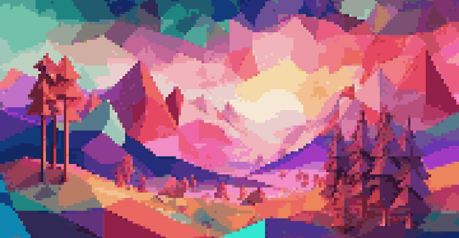 A whimsical low-poly landscape with geometric trees and vibrant sunset colors.