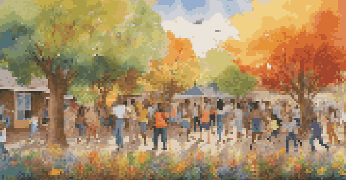 A colorful mural showing diverse people creating art together in a sunny park.