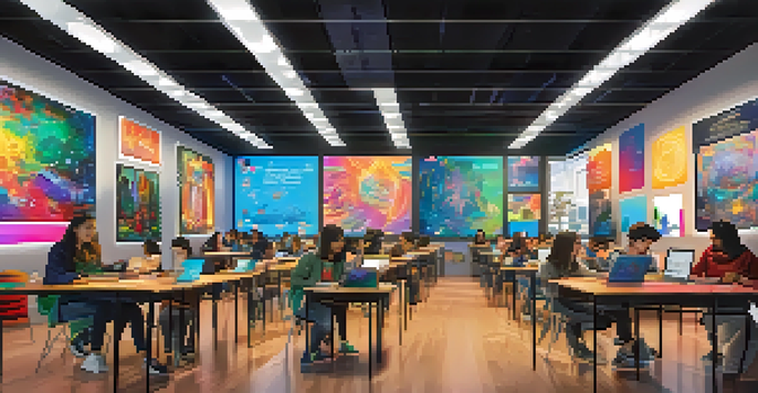 A digital art classroom with students working on coding and interactive art projects, surrounded by colorful posters and warm lighting.