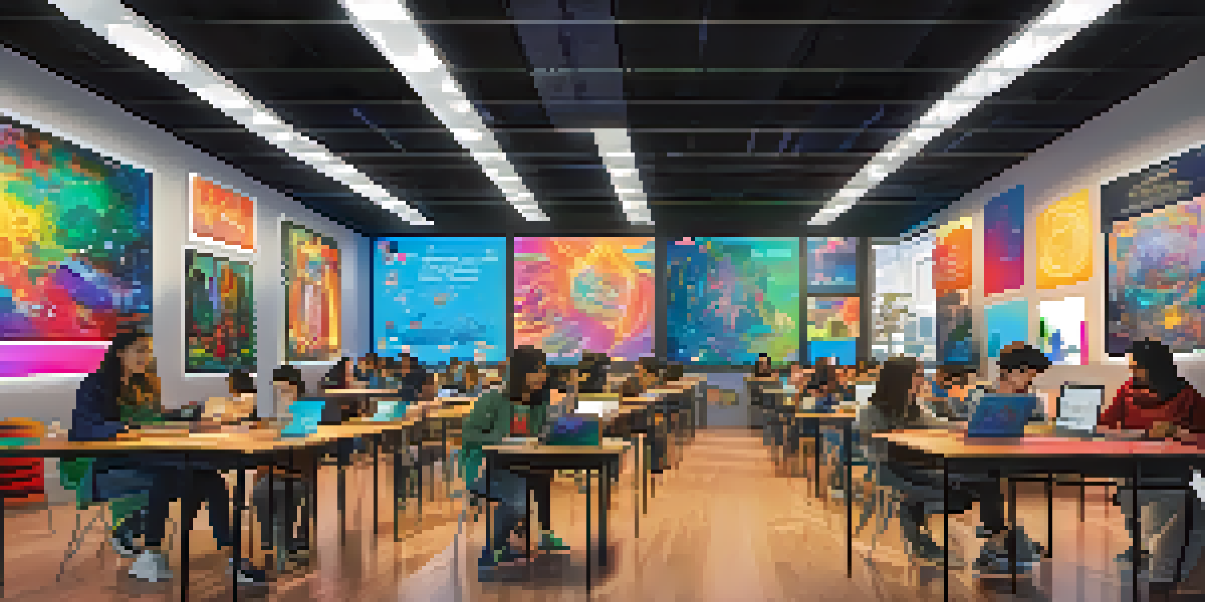 A digital art classroom with students working on coding and interactive art projects, surrounded by colorful posters and warm lighting.