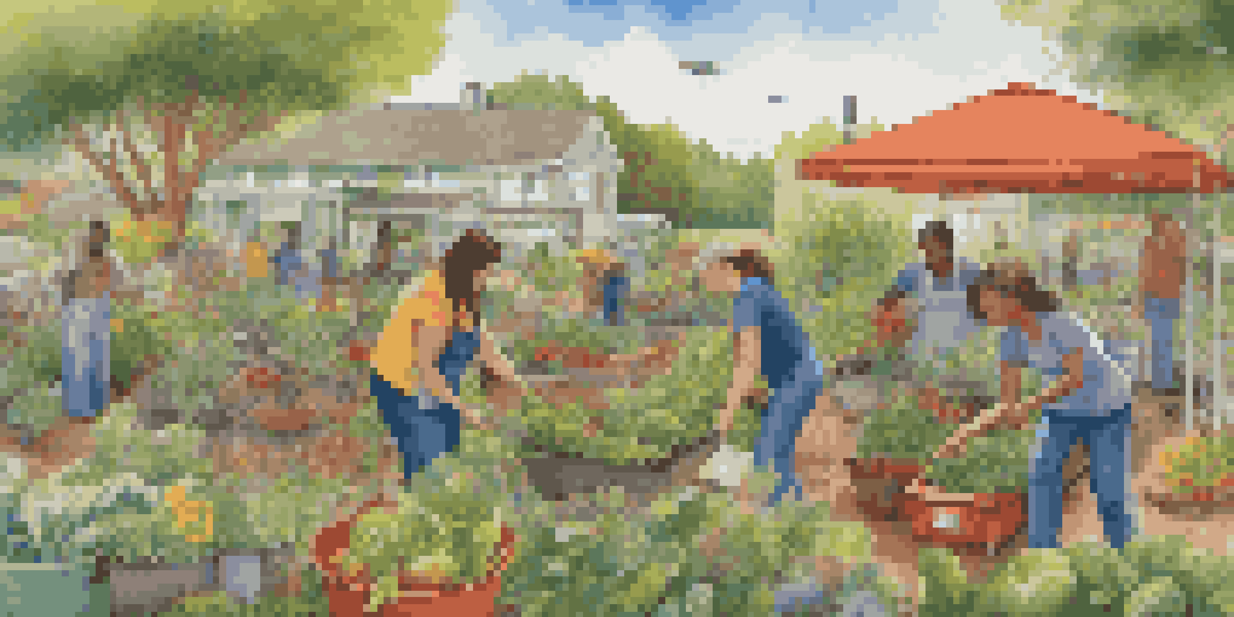A colorful mural illustrating a diverse group of people collaborating in a community garden, surrounded by flowers and vegetables, symbolizing climate resilience.