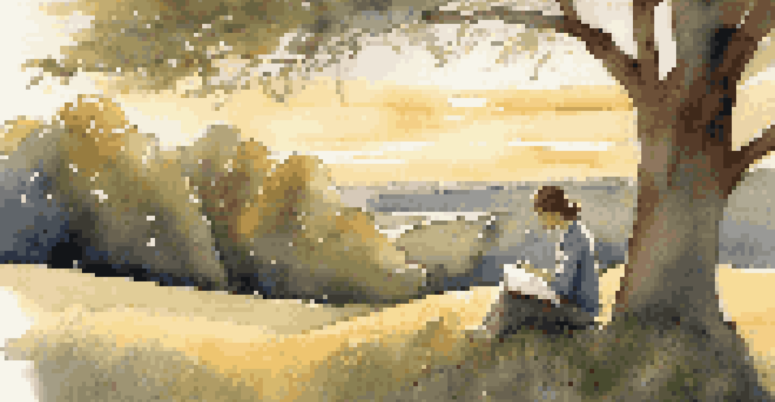A person sitting on a grassy hill, writing in a journal during sunset, with trees and flowers surrounding them.