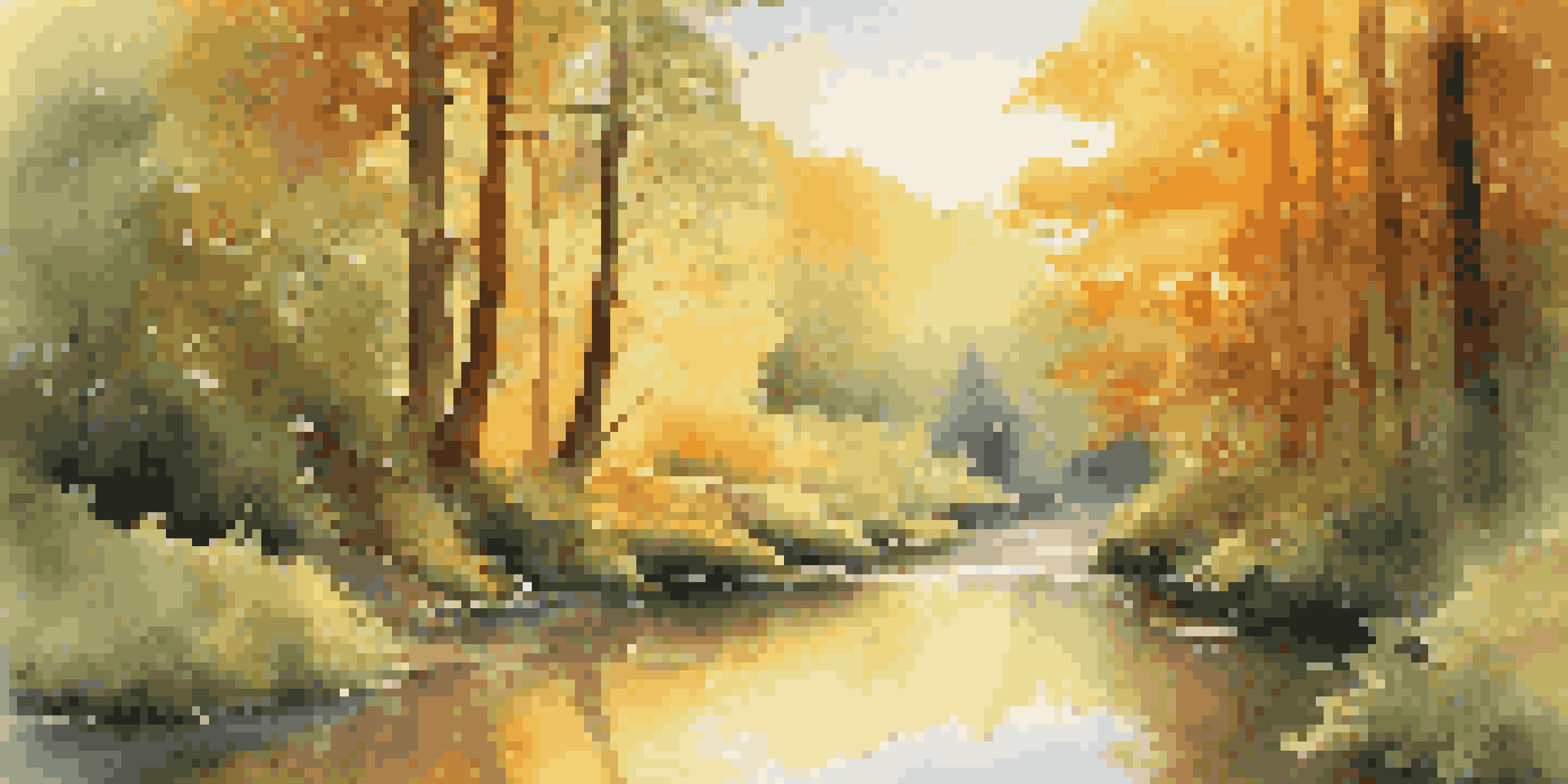 A peaceful forest scene with sunlight filtering through the leaves and a gentle stream flowing in the foreground.