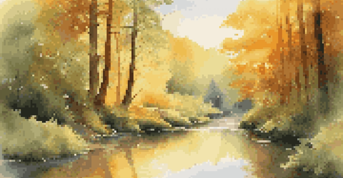 A peaceful forest scene with sunlight filtering through the leaves and a gentle stream flowing in the foreground.