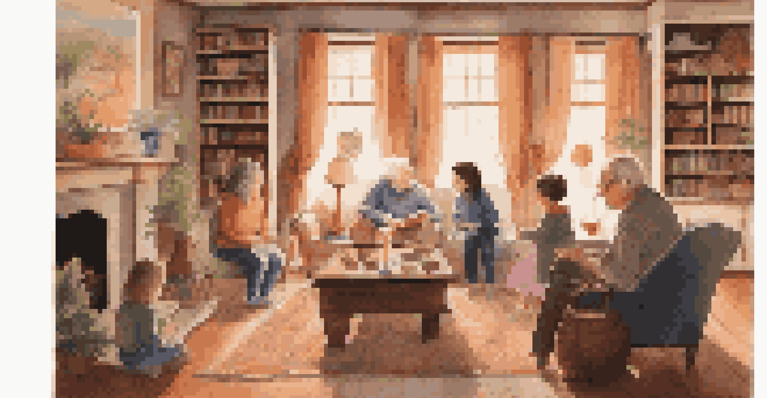 A grandparent sharing a folktale with children in a cozy living room filled with books and cultural artifacts.