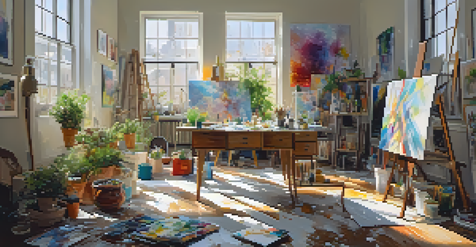 An artist in a sunlit studio, creating an abstract painting surrounded by art supplies and natural light.