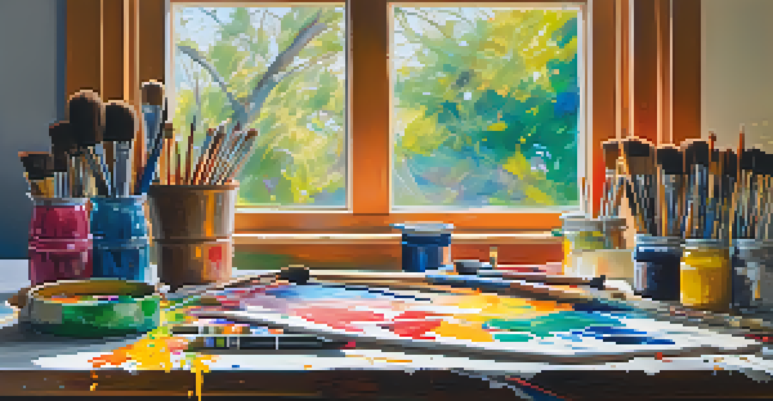 An artist's workspace with paints, brushes, and a colorful abstract canvas illuminated by natural light.