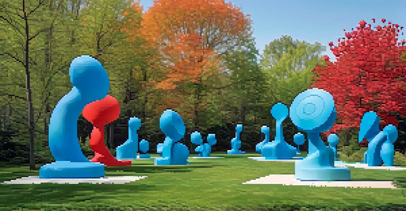An outdoor public art installation with large, colorful abstract sculptures made from recycled materials, surrounded by flowers and trees.