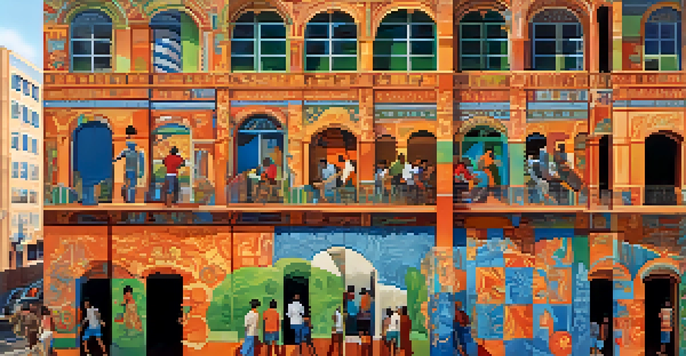 A colorful urban mural showing a diverse group of people engaged in activities, with intricate patterns and textures under soft afternoon sunlight.