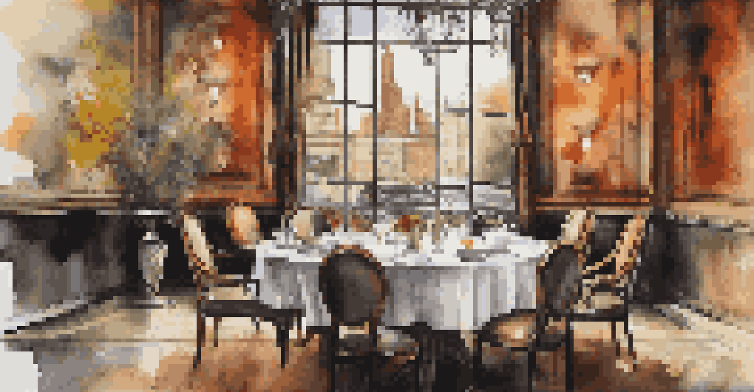 A beautifully set dining table in a luxurious restaurant with a graffiti-covered wall visible through the window.