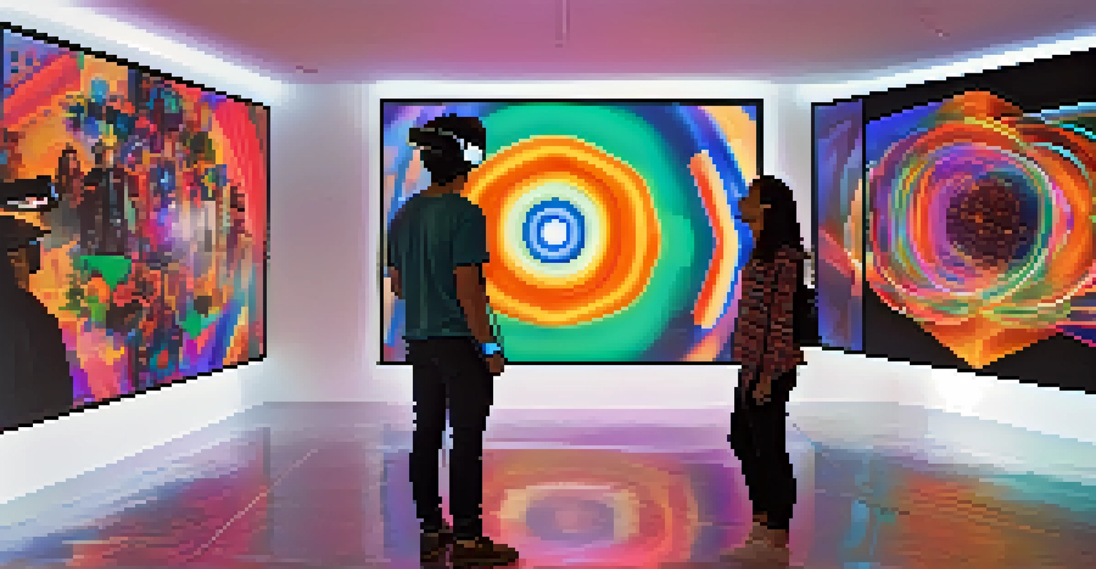 People in a dark room using VR headsets to engage with colorful digital art installations.
