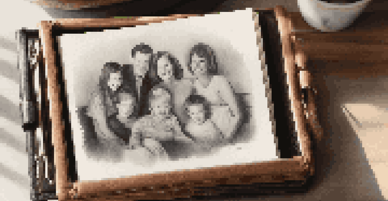 A close-up of an open family photo album on a wooden table, showing black-and-white photographs illuminated by soft natural light.