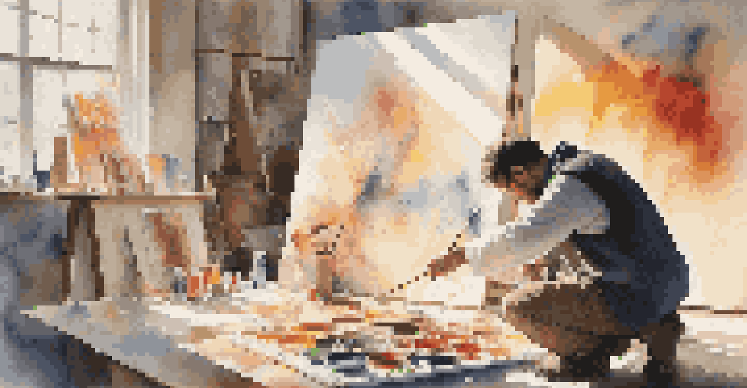 An artist in a bright studio, painting a modern sacred scene on a large canvas.