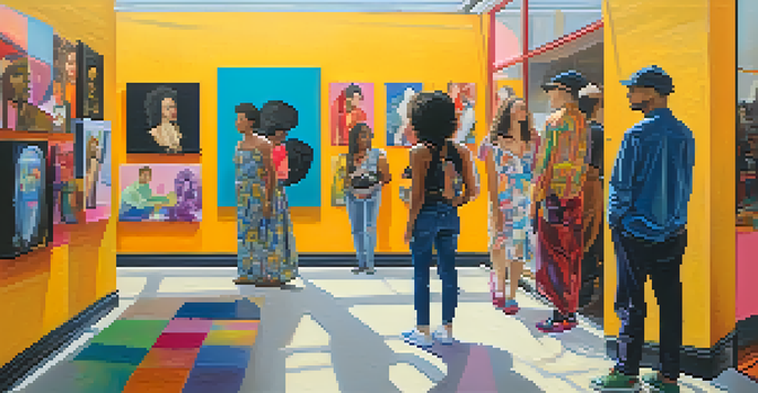 An art gallery filled with colorful portraits representing diverse gender identities, with people observing the art.