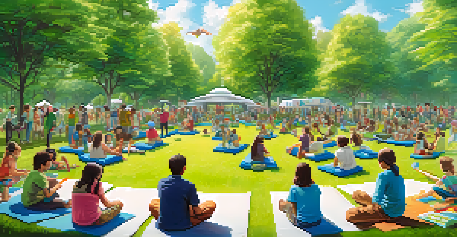 A community gathering in a park for a climate action event, featuring people of all ages with bright banners and recycled art installations.
