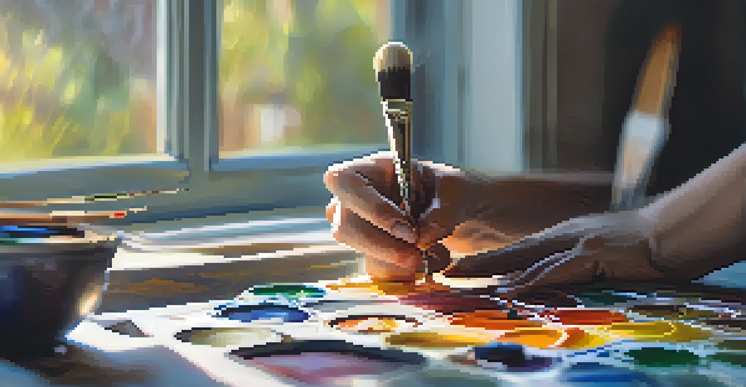 Close-up of an artist's hands mixing vibrant paints on a palette, with sunlight illuminating the scene.