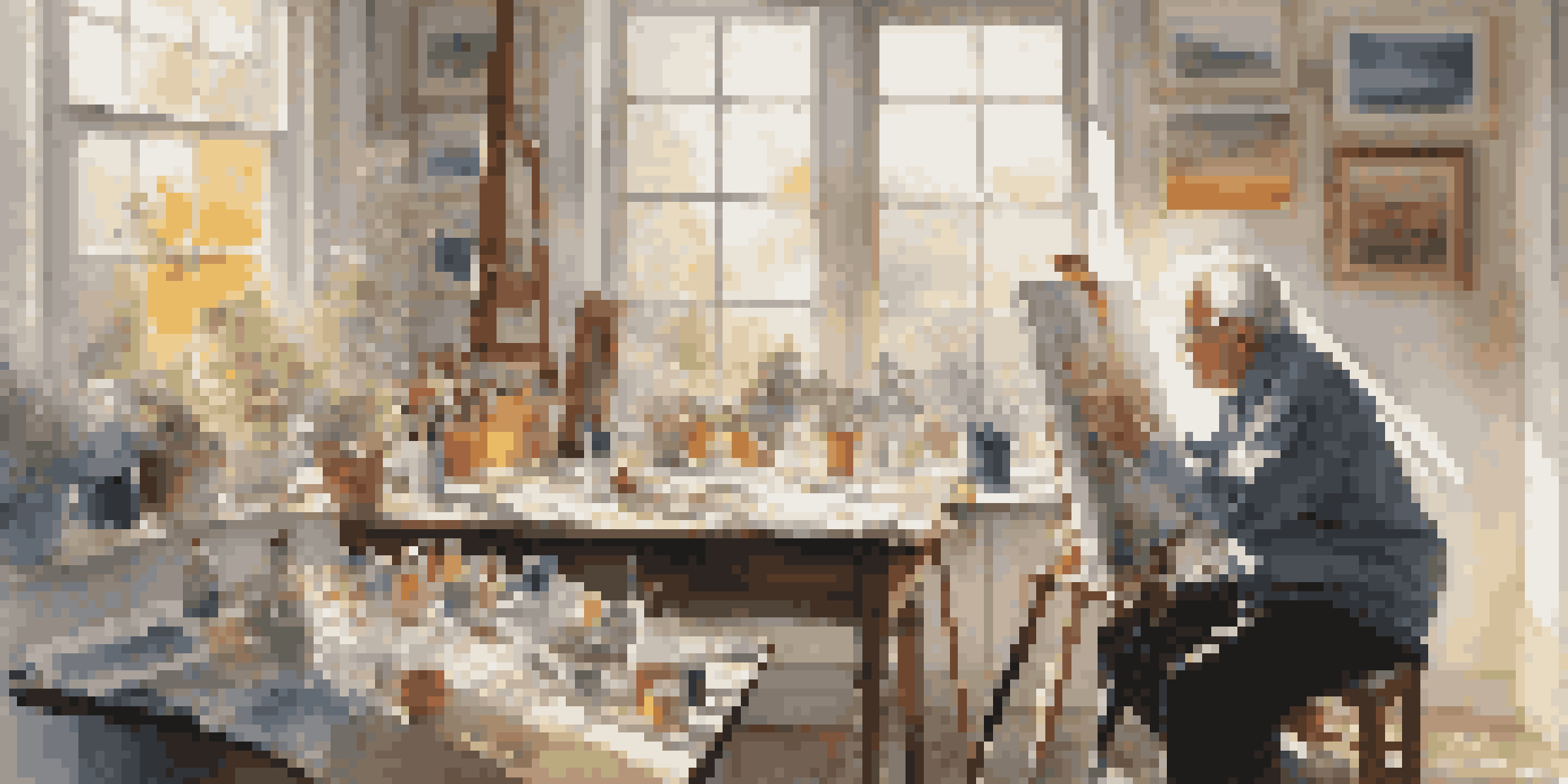 An elderly artist painting in a bright, sunlit studio filled with colorful artworks and painting supplies.