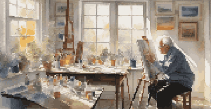 An elderly artist painting in a bright, sunlit studio filled with colorful artworks and painting supplies.
