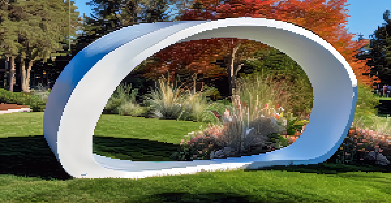 A large sculpture made from recycled materials shaped like a wave, placed in a park surrounded by native plants.