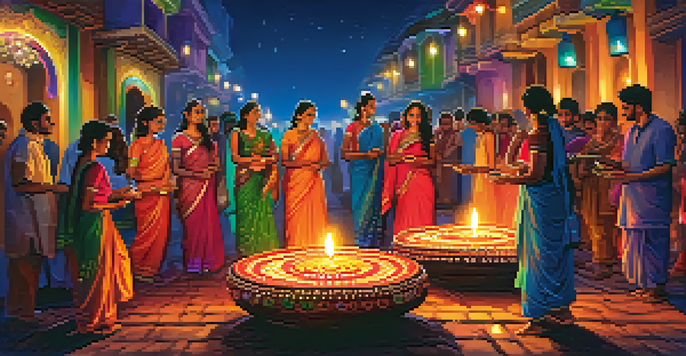 A lively street scene of the Diwali festival in India, with people lighting lamps and colorful decorations all around.