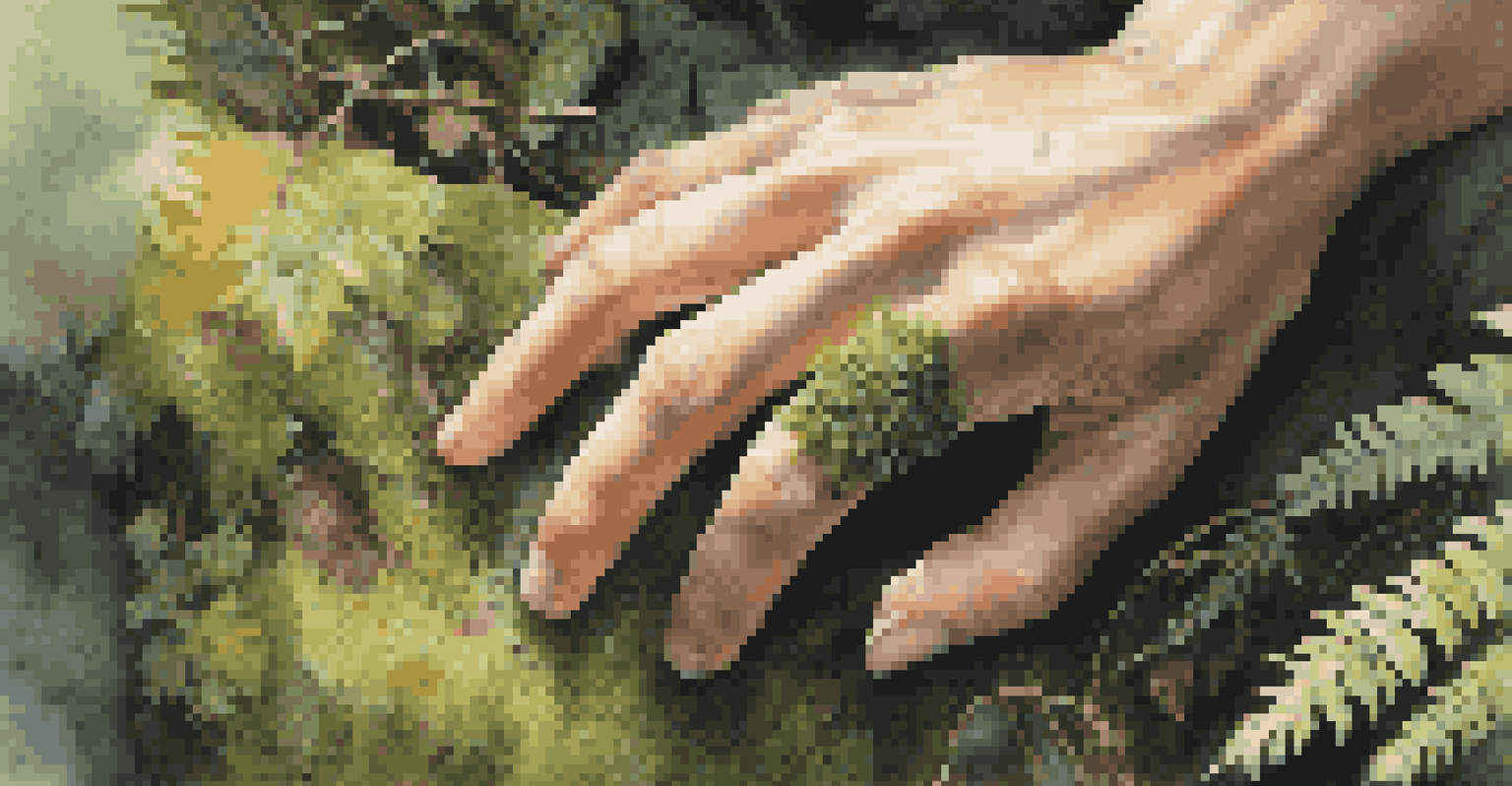 A close-up of a hand touching a mossy rock in a forest, surrounded by leaves and ferns, with sunlight filtering through the trees.