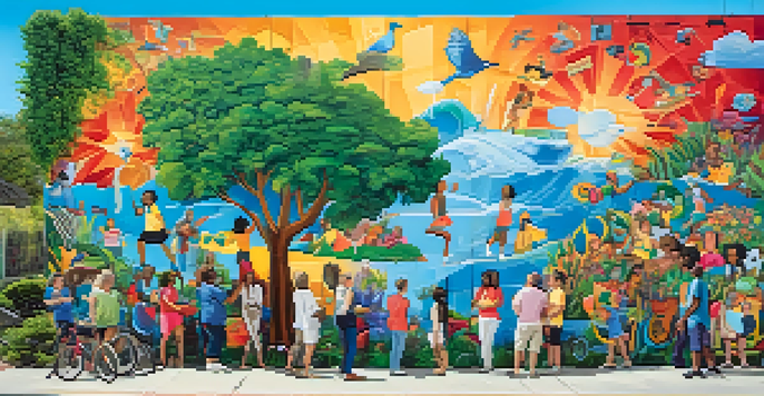 A colorful community mural illustrating health themes, with diverse individuals sharing their stories, surrounded by greenery under a sunny sky.