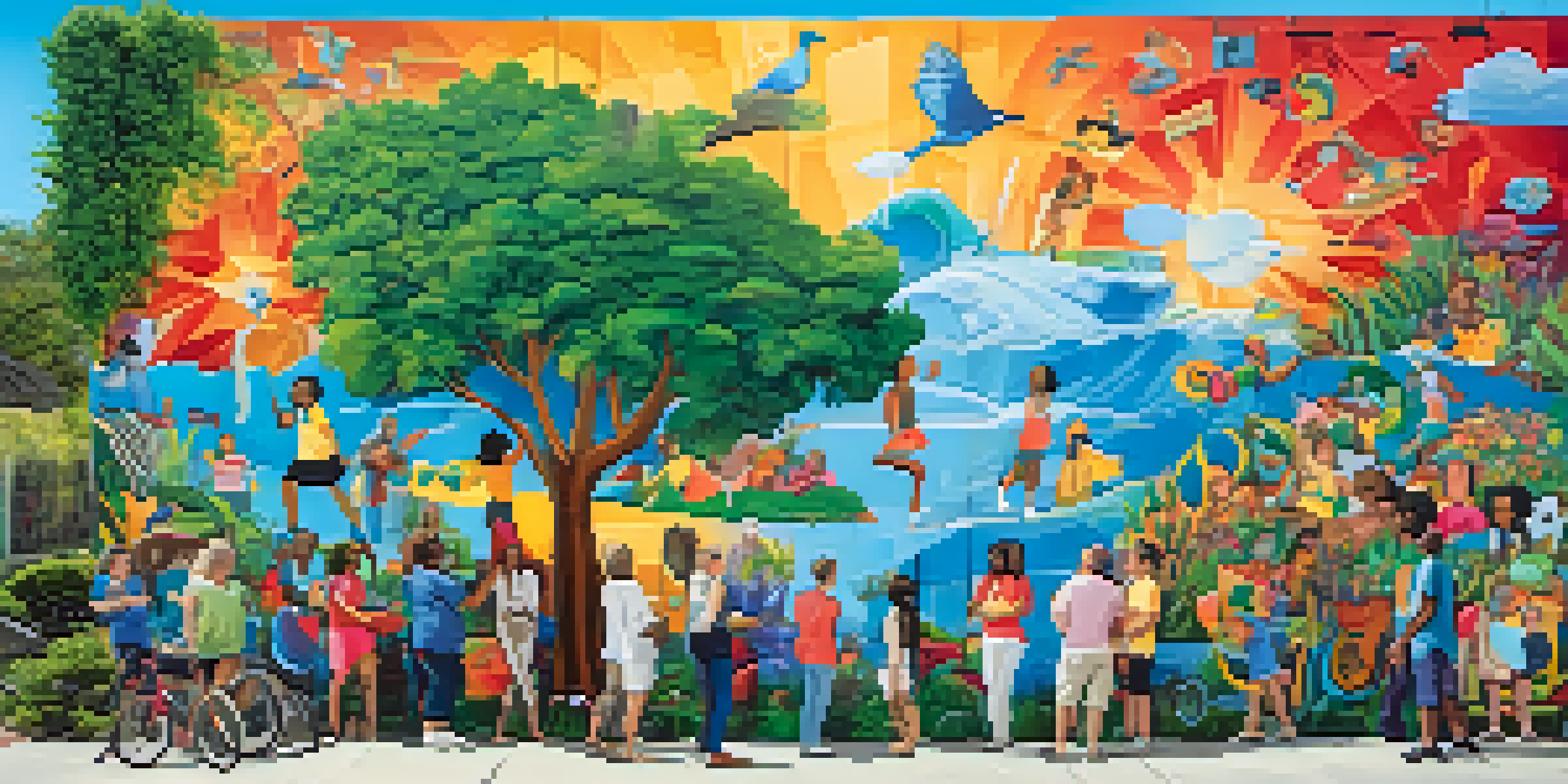 A colorful community mural illustrating health themes, with diverse individuals sharing their stories, surrounded by greenery under a sunny sky.