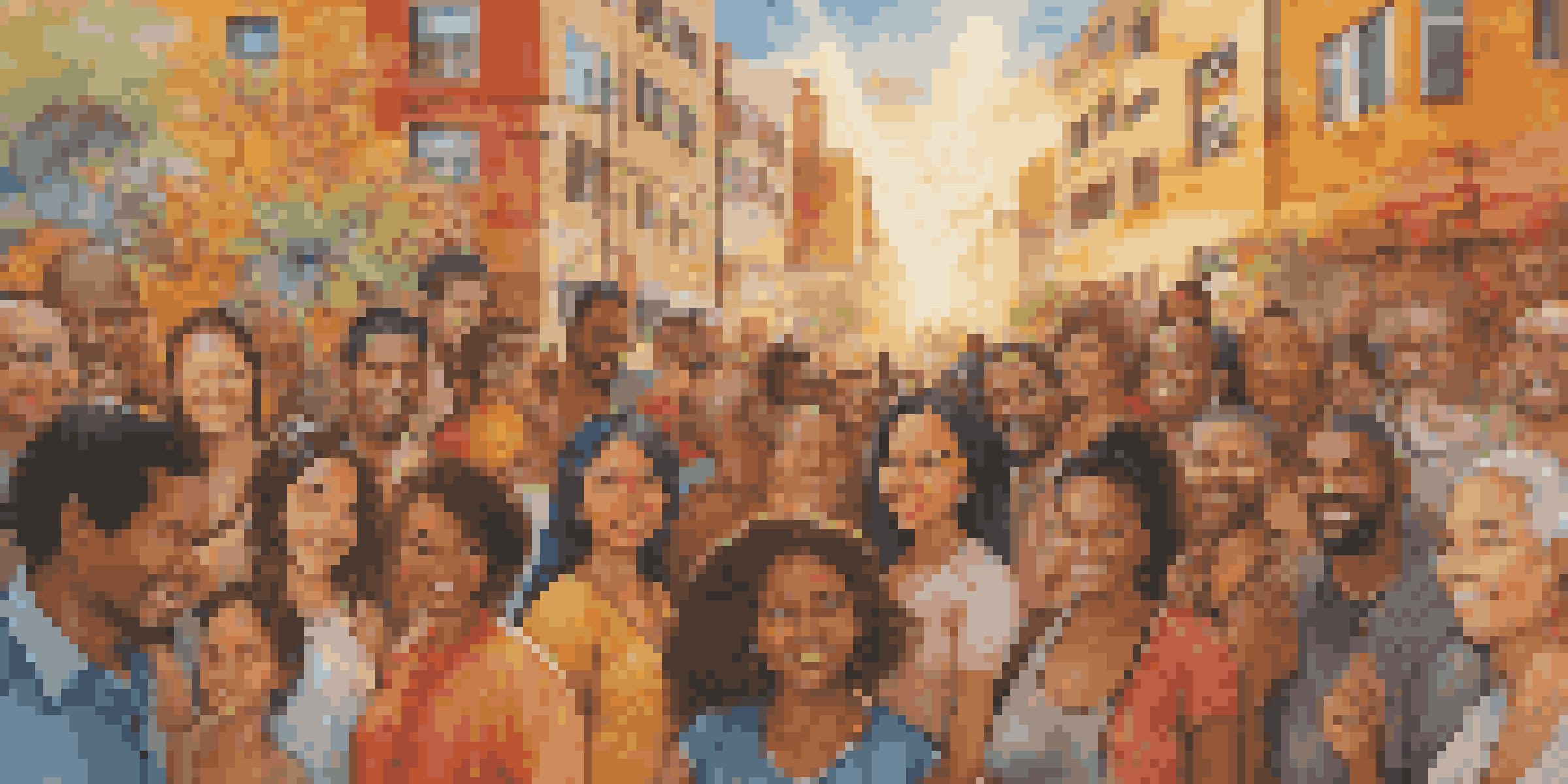 A colorful urban mural showing people from different cultures sharing stories in a sunlit environment.