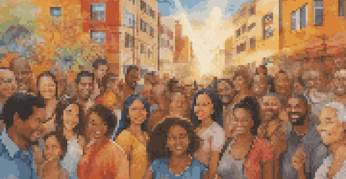 A colorful urban mural showing people from different cultures sharing stories in a sunlit environment.