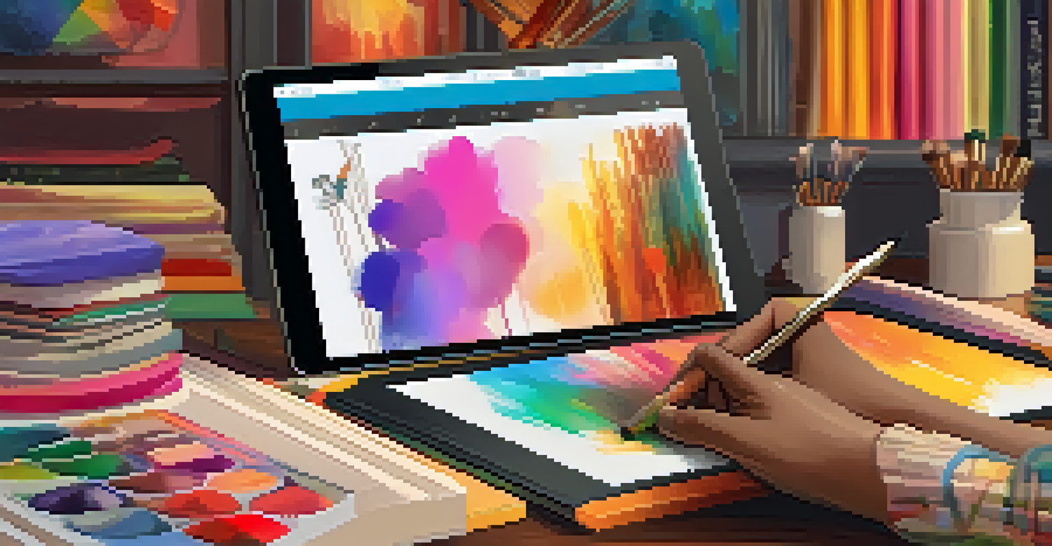 An artist working on a digital painting on a tablet, with colorful palettes and brushes around, in a cozy room.