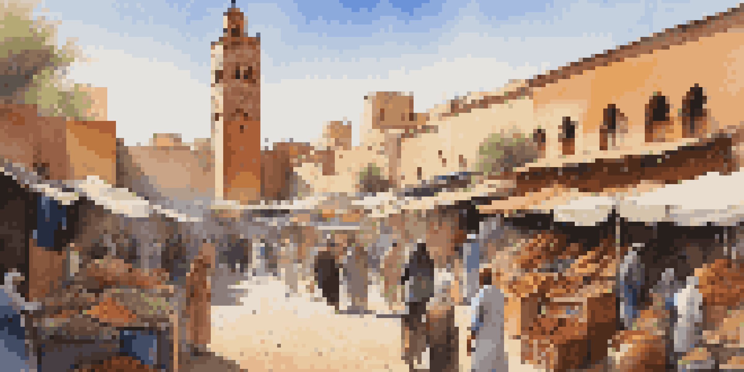 A lively marketplace in Marrakech with colorful textiles and pottery under warm sunlight, featuring a majestic minaret in the background.