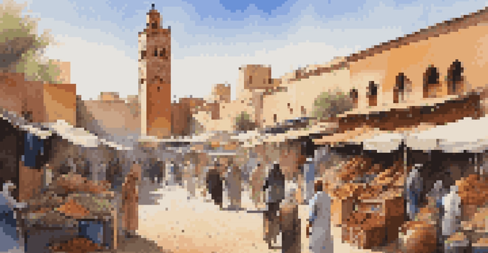 A lively marketplace in Marrakech with colorful textiles and pottery under warm sunlight, featuring a majestic minaret in the background.