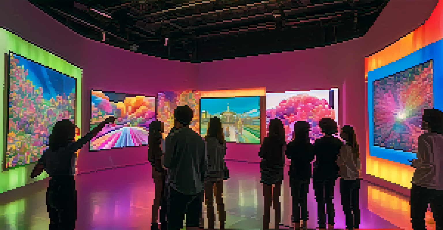 An interactive digital art installation with colorful lights and viewers engaging with screens in a dark room.