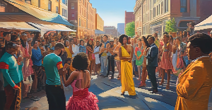 A lively urban performance art scene with diverse artists in colorful costumes interacting with an engaged audience, set against a backdrop of graffiti and city architecture during golden hour.