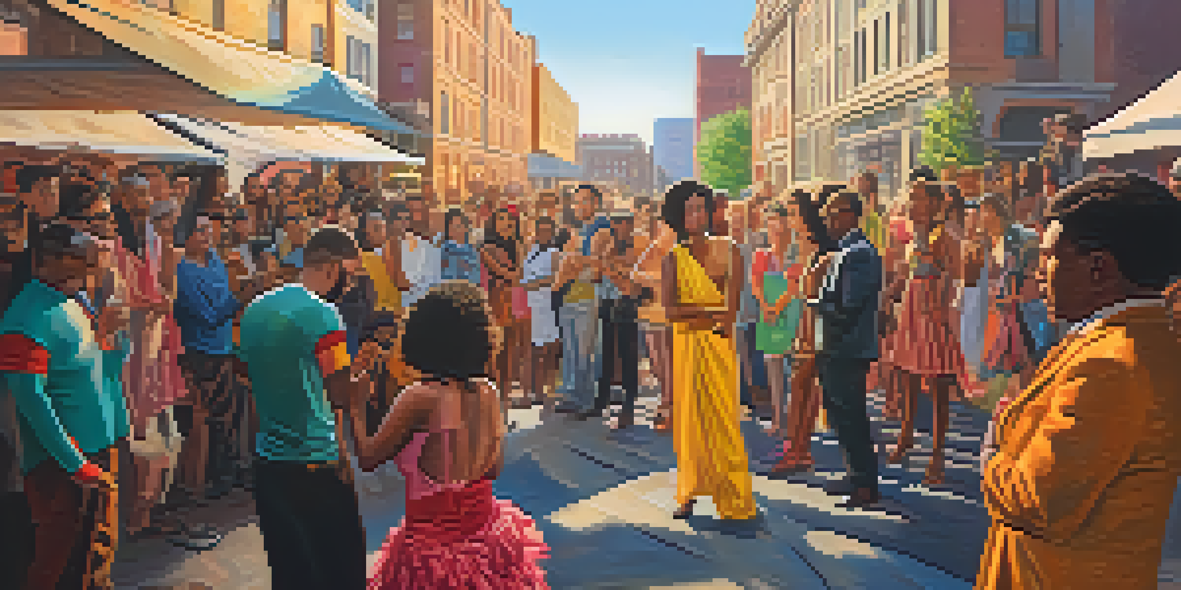A lively urban performance art scene with diverse artists in colorful costumes interacting with an engaged audience, set against a backdrop of graffiti and city architecture during golden hour.