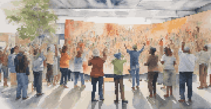 An artist painting a vibrant canvas in a community space, with messages of hope and change, while onlookers watch in inspiration.