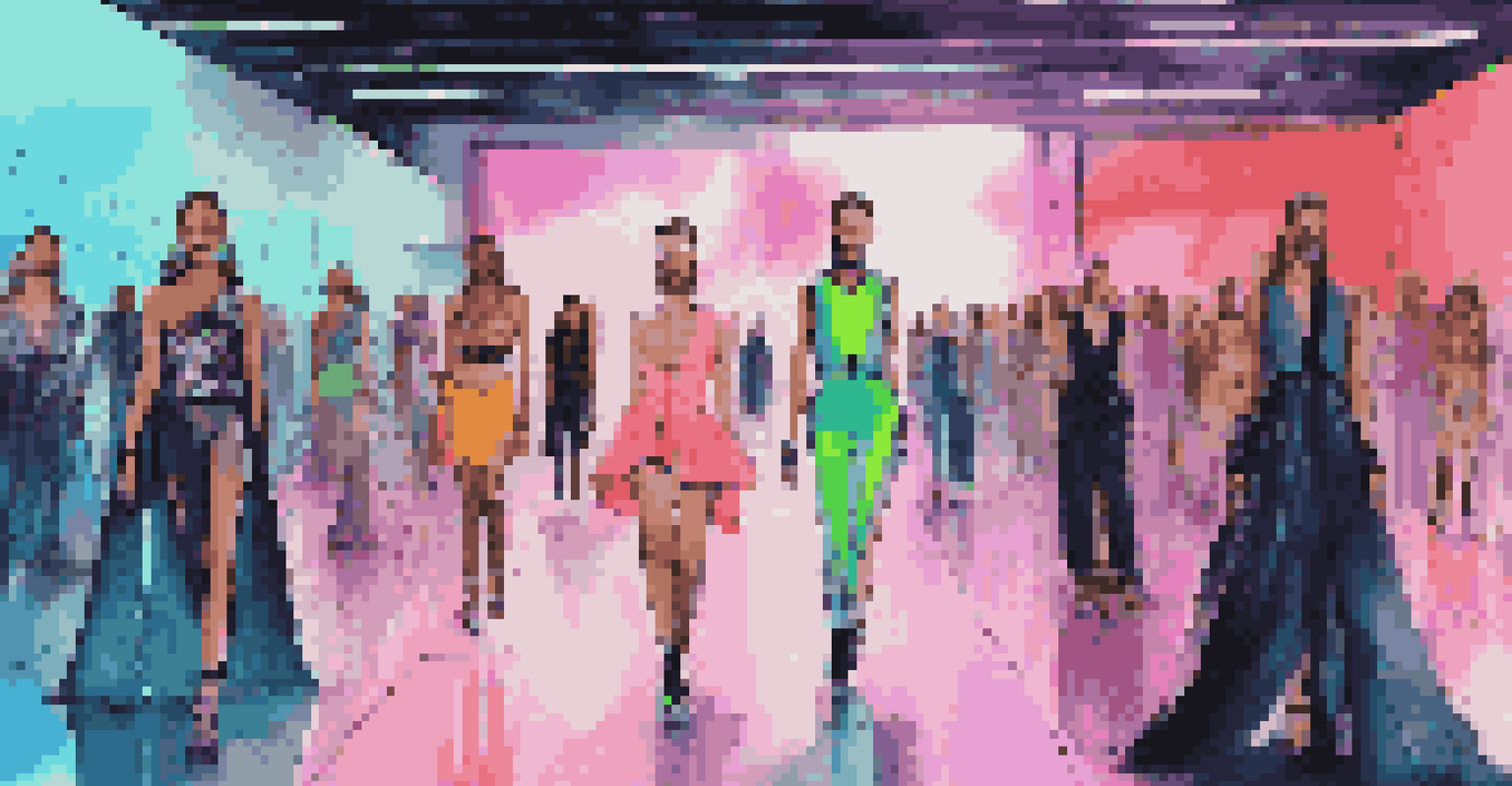 A digital illustration of a futuristic runway show with models in avant-garde outfits made from recycled materials under neon lights.